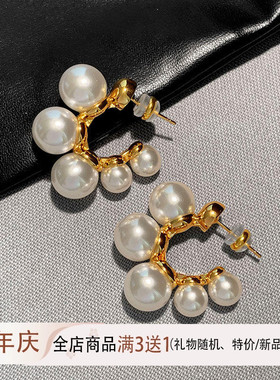 CEL法式珍珠C圈耳环港风名媛复古S925银耳钉女小众高级感气质耳饰