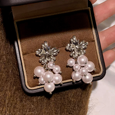 曼塔玫瑰粉珍珠耳环流苏葡萄小众