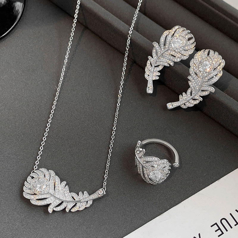 plume孔雀羽毛爆闪锆石耳钉女纯银高级感欧美重工钻戒指气质项链