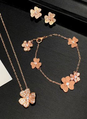 玫瑰金幸运草项链女简约微镶锆石