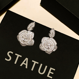 明星同款满钻立体玫瑰花耳钉女纯银超闪高级感小众花朵千金感耳环