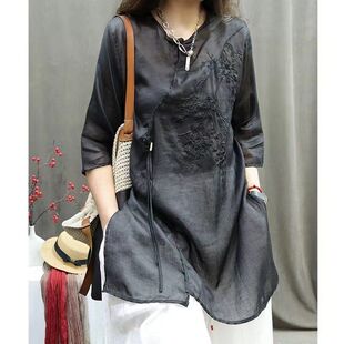 新中式国风刺绣棉麻衬衫女夏季中年妈妈宽松休闲中长款上衣女外贸