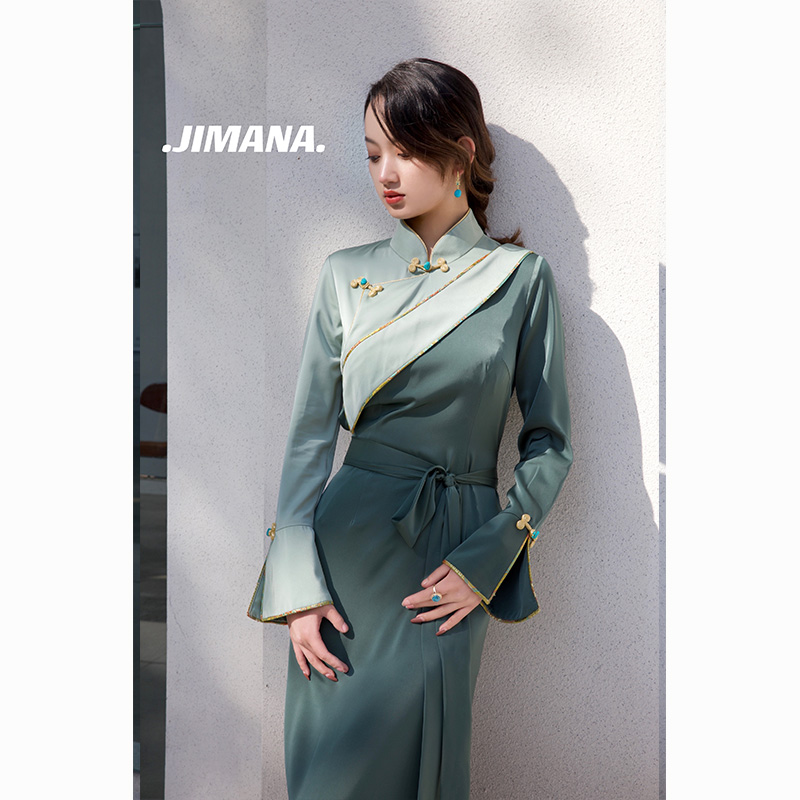 双肩设计长裙绿色博拉西藏服