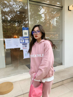粉色荧光字母卫衣简单舒适休闲运动套装