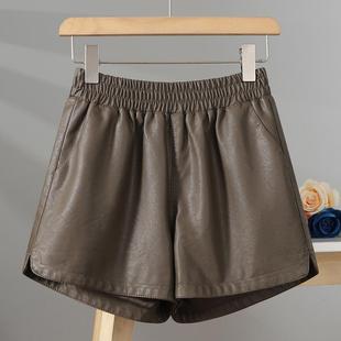 卡其色皮短裤女百搭宽松外穿松紧高腰皮裤阔腿A字显瘦开叉PU靴裤