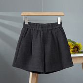 短裤 简约打底靴裤 毛呢女外穿冬灰色2025新款 松紧高腰显瘦阔腿时尚