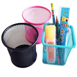 办公用品圆形笔筒创意金属笔筒学生文具桌面收纳彩色笔桶镂空铁艺