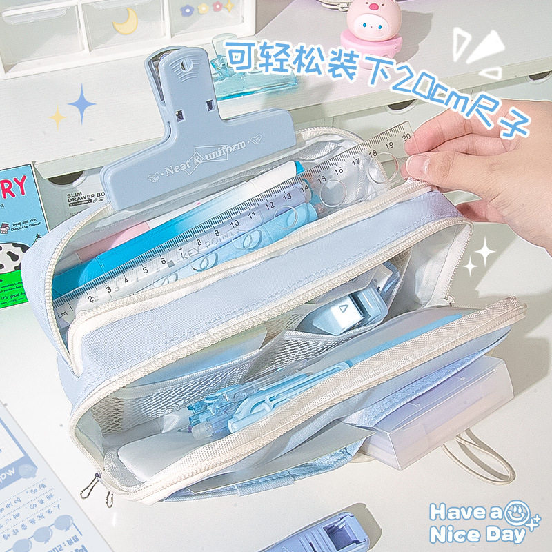 海盐奶蓝笔袋大容量小众设计师原创新款铅笔盒学生超火文具盒笔袋