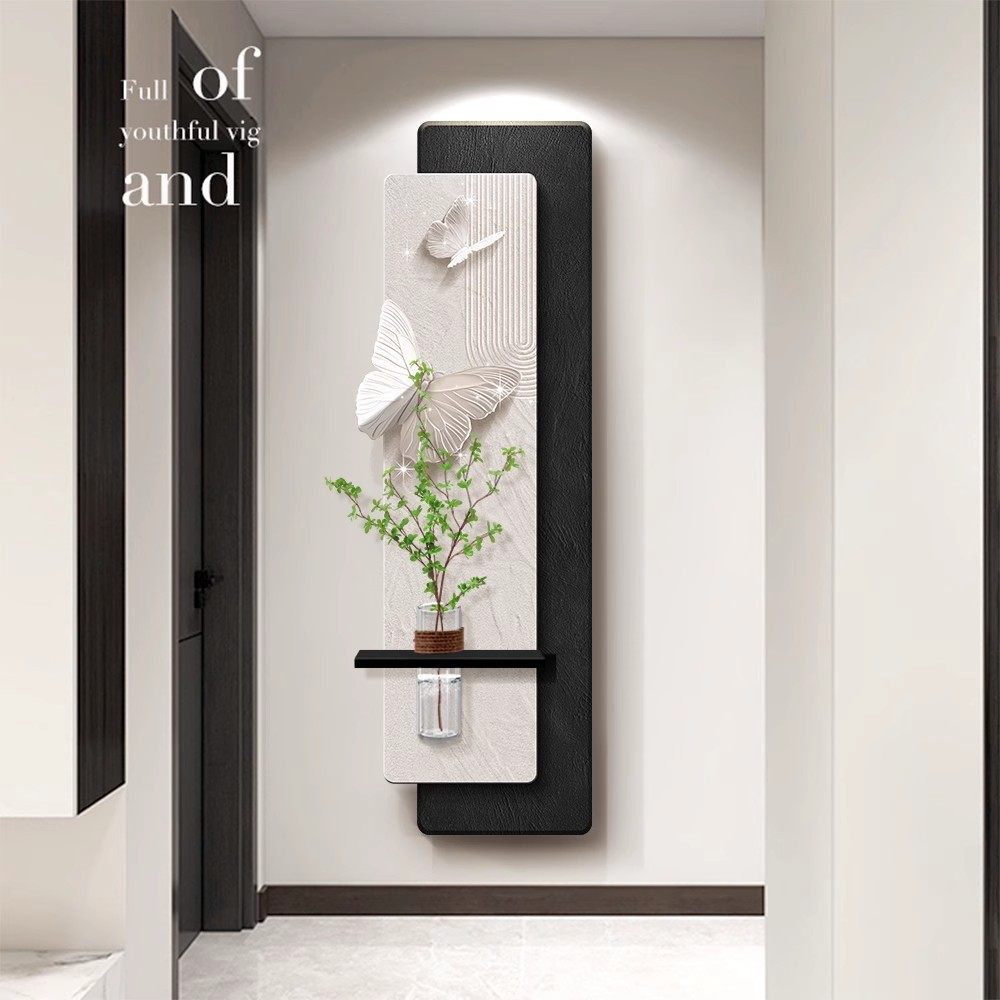 蝴蝶玄关装饰画花瓶绿植高级感客厅走廊过道壁画中古风水培挂画