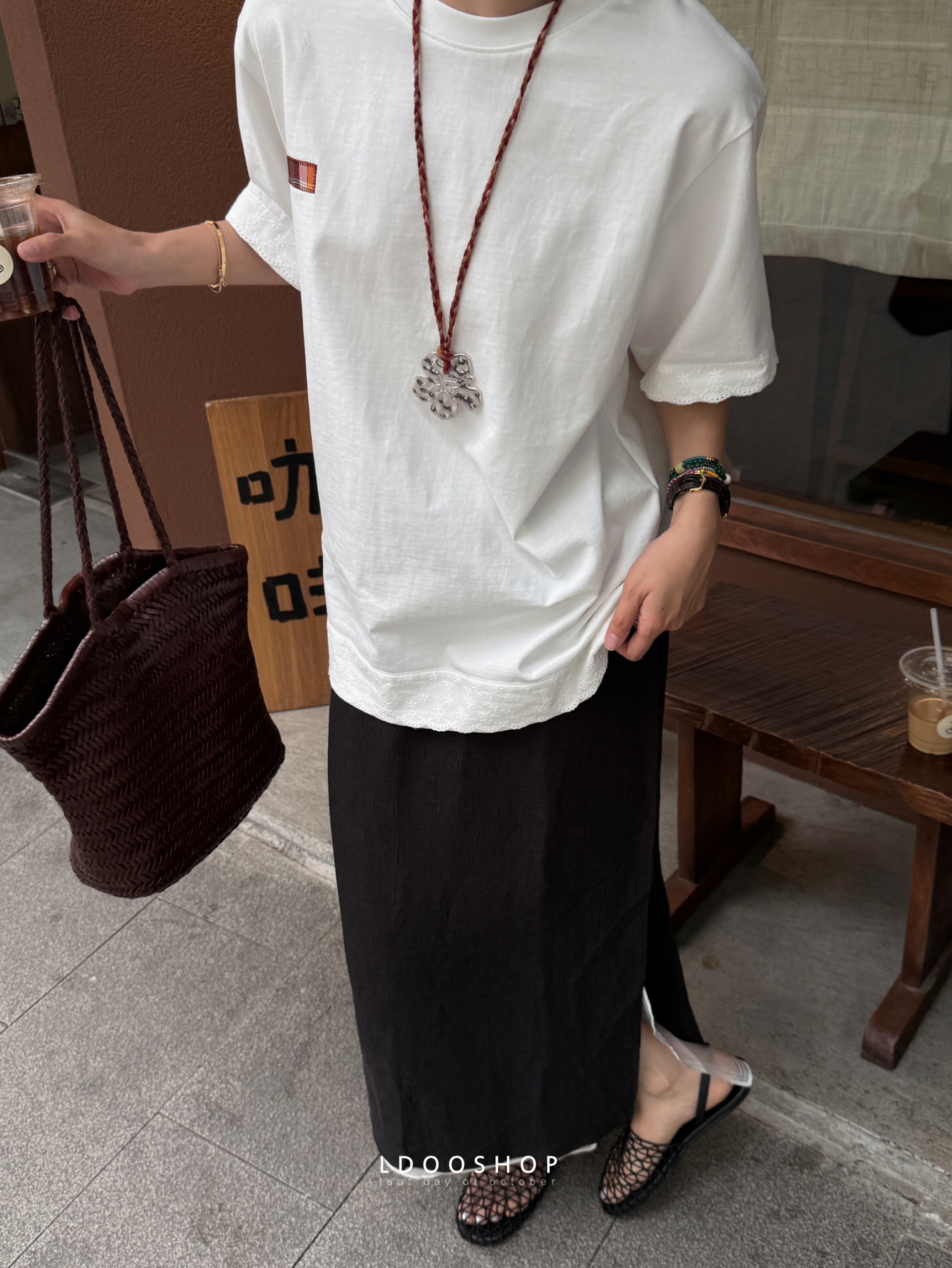 客供面料蕾丝拼接宽松廓形T恤