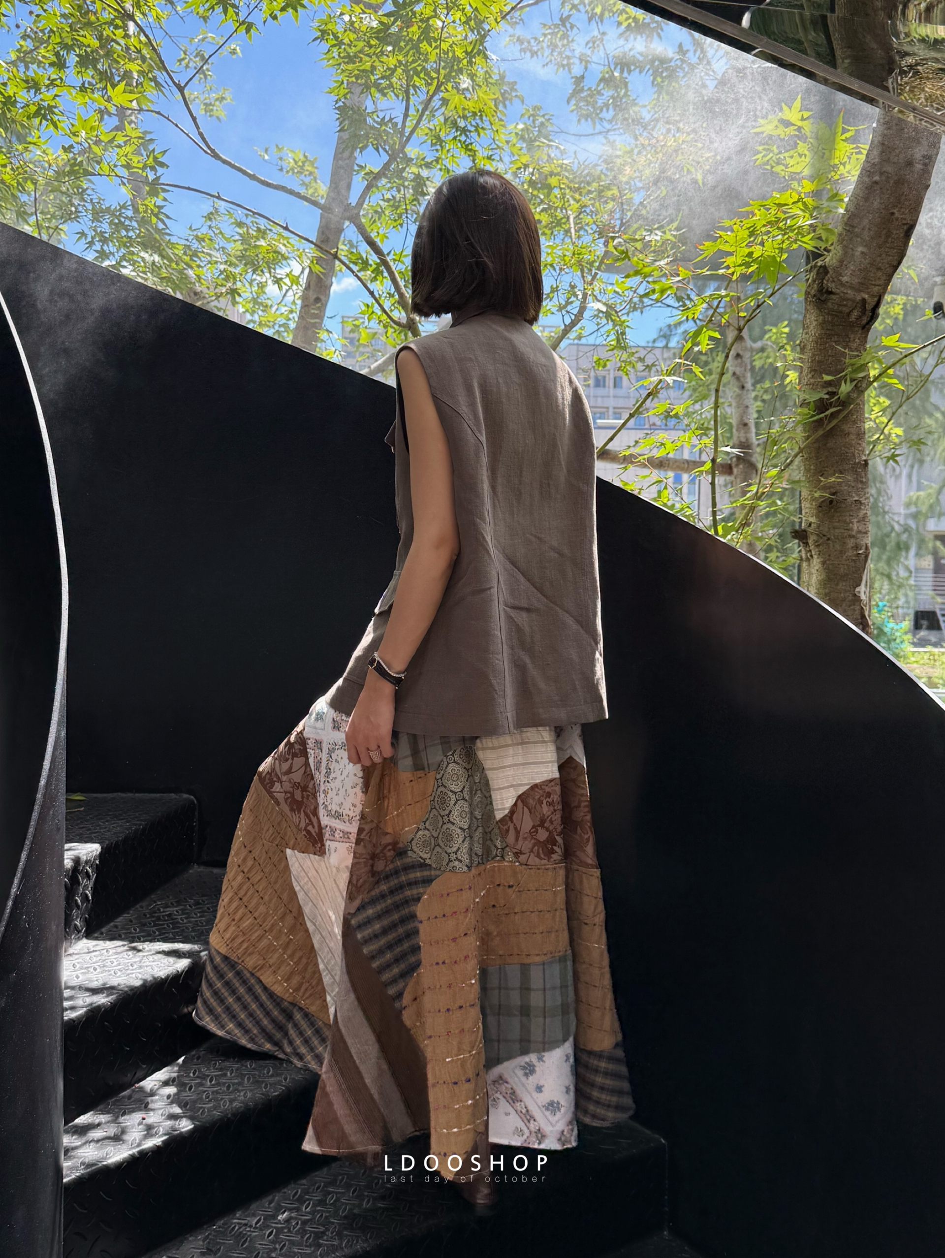 复古几何拼接松紧腰半身伞裙