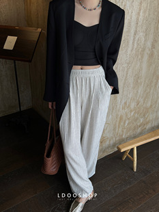 舒适慵懒色织亚麻混纺松紧腰条纹阔腿休闲裤 自留强推 SHOP LDOO