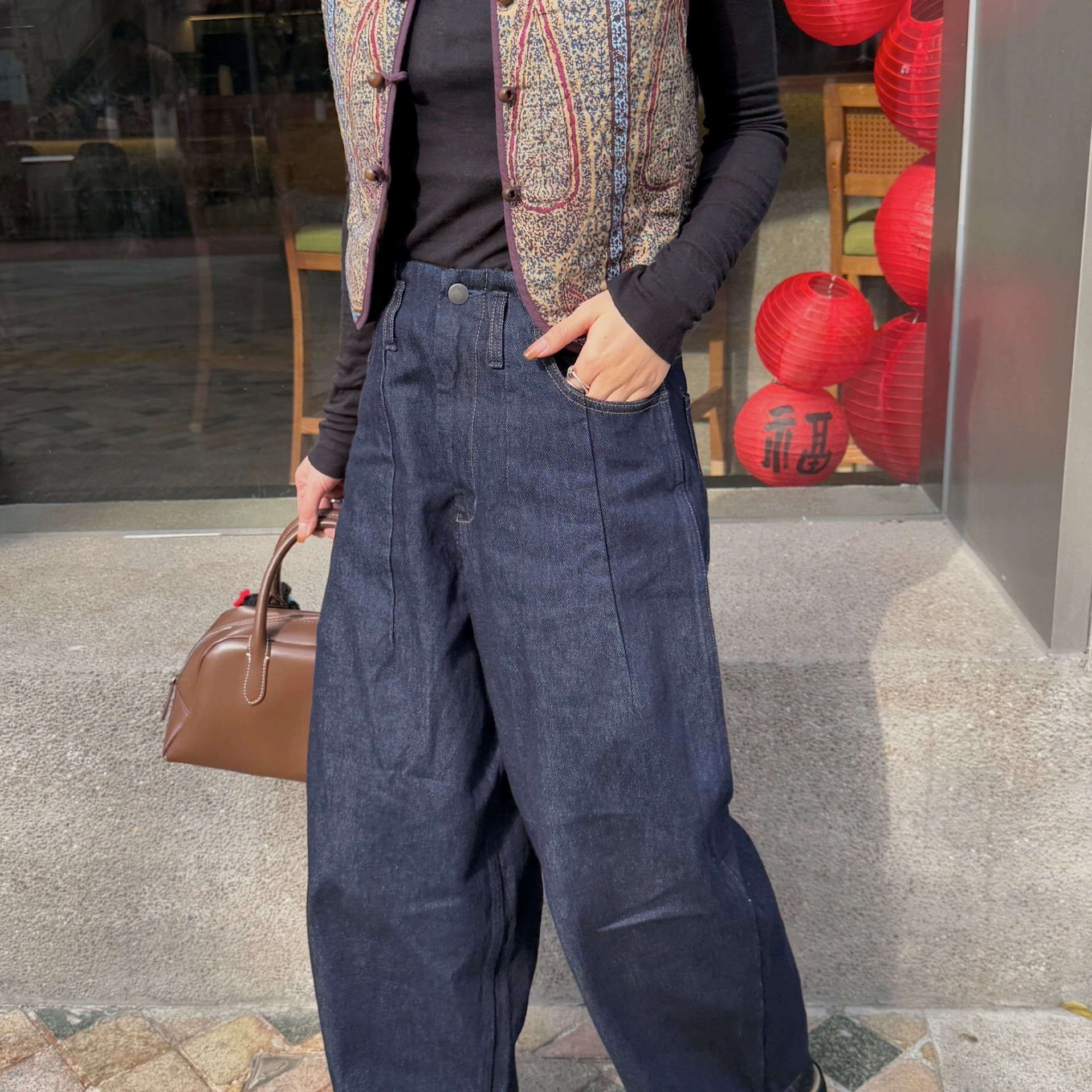 高腰松紧腰宽腿锥形九分牛仔裤