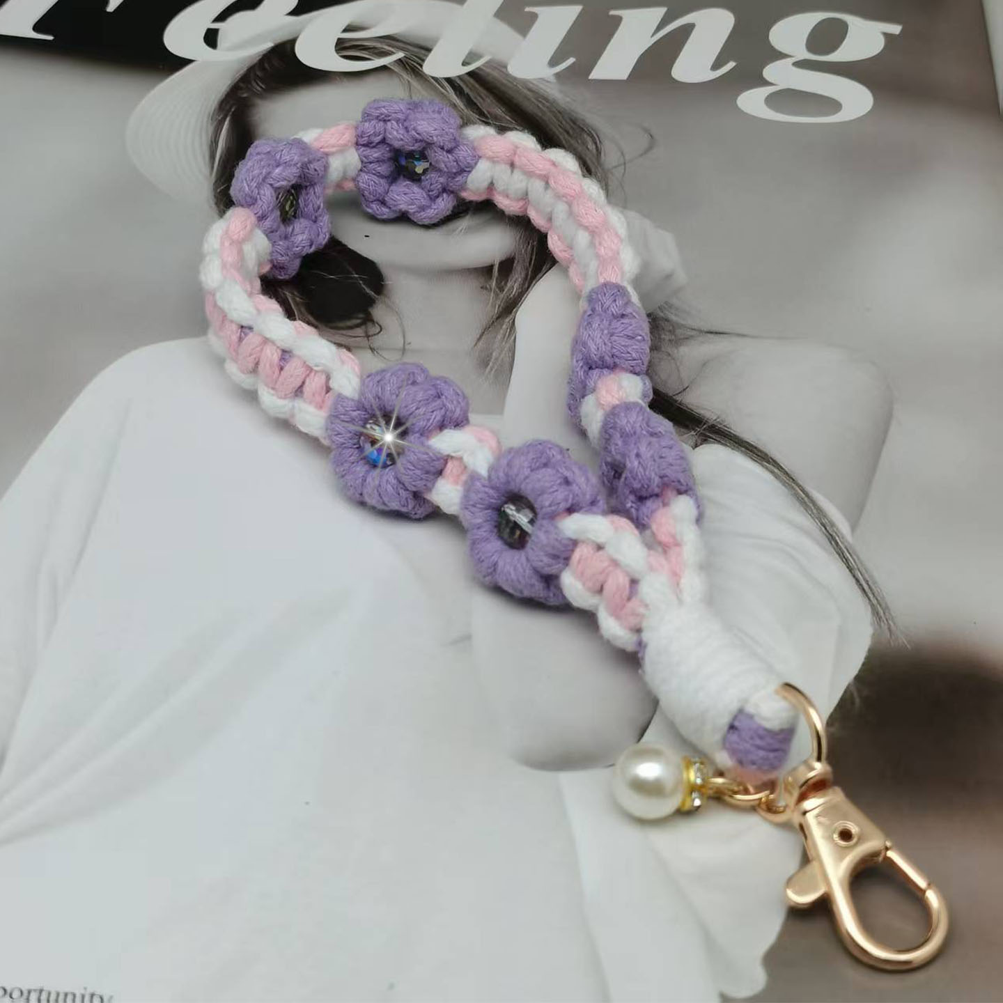 手工编织手机挂绳花花珍珠手机链