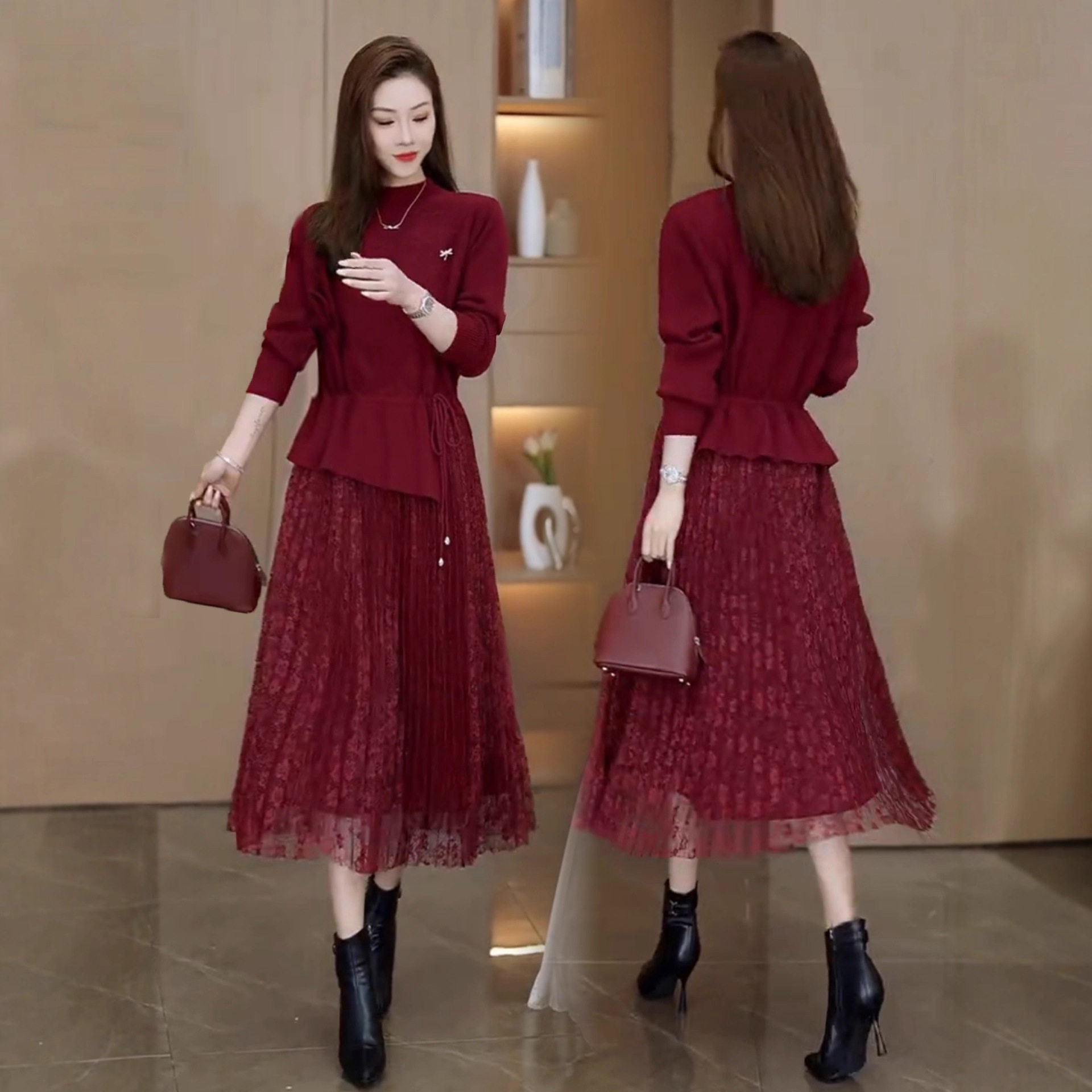 时尚针织连衣裙女2026秋冬新款洋气中长款假两件加厚毛衣打底裙子