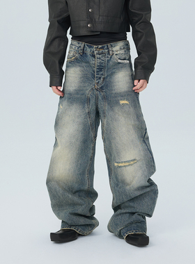 ASTT 25FW 水洗做旧刀割破坏补丁高腰修身磨白阔腿拖地牛仔长裤