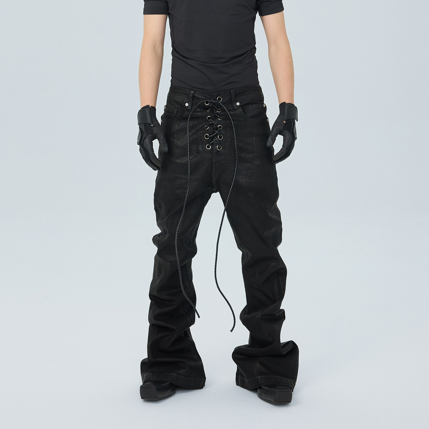 ASTT25FW刷蜡绑带牛仔喇叭裤