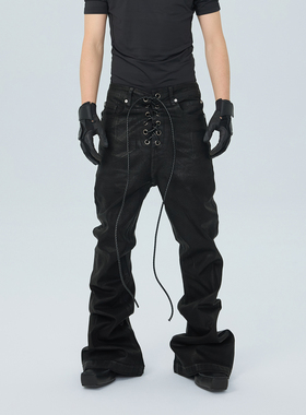 ASTT 25FW 刷蜡涂层绑带设计修身微弹阔腿拖地牛仔长裤喇叭裤蜡裤