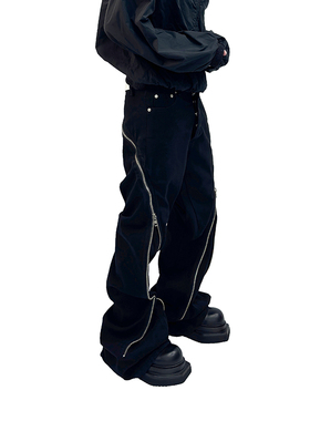 ASTT 23FW 小众设计螺旋轨道拉链扭曲合身阔腿喇叭黑色牛仔长裤潮