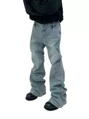 Asttflared Paris Style Ice Blue Loose Frayed Hem Distressed Micro-Flared Denim Pants Cleanfit