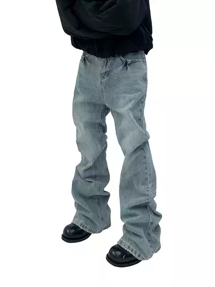 Asttflared Paris Style Ice Blue Loose Frayed Hem Distressed Micro-Flared Denim Pants Cleanfit