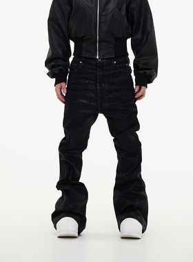 ASTT 24S/S小众暗黑刷蜡涂层飘带微弹阔腿喇叭拖地堆积牛仔长裤潮