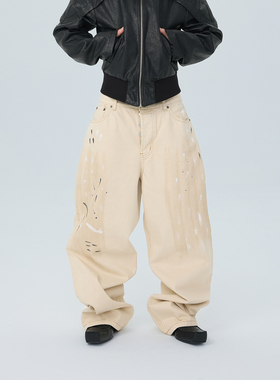 ASTT 25FW 白色泼墨做旧Baggy宽松廓形脏洗拖地阔腿牛仔长裤