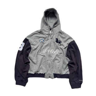 ASTT 25AW 战马刺绣破坏水洗做旧拼接宽松连帽落肩卫衣拉链开衫