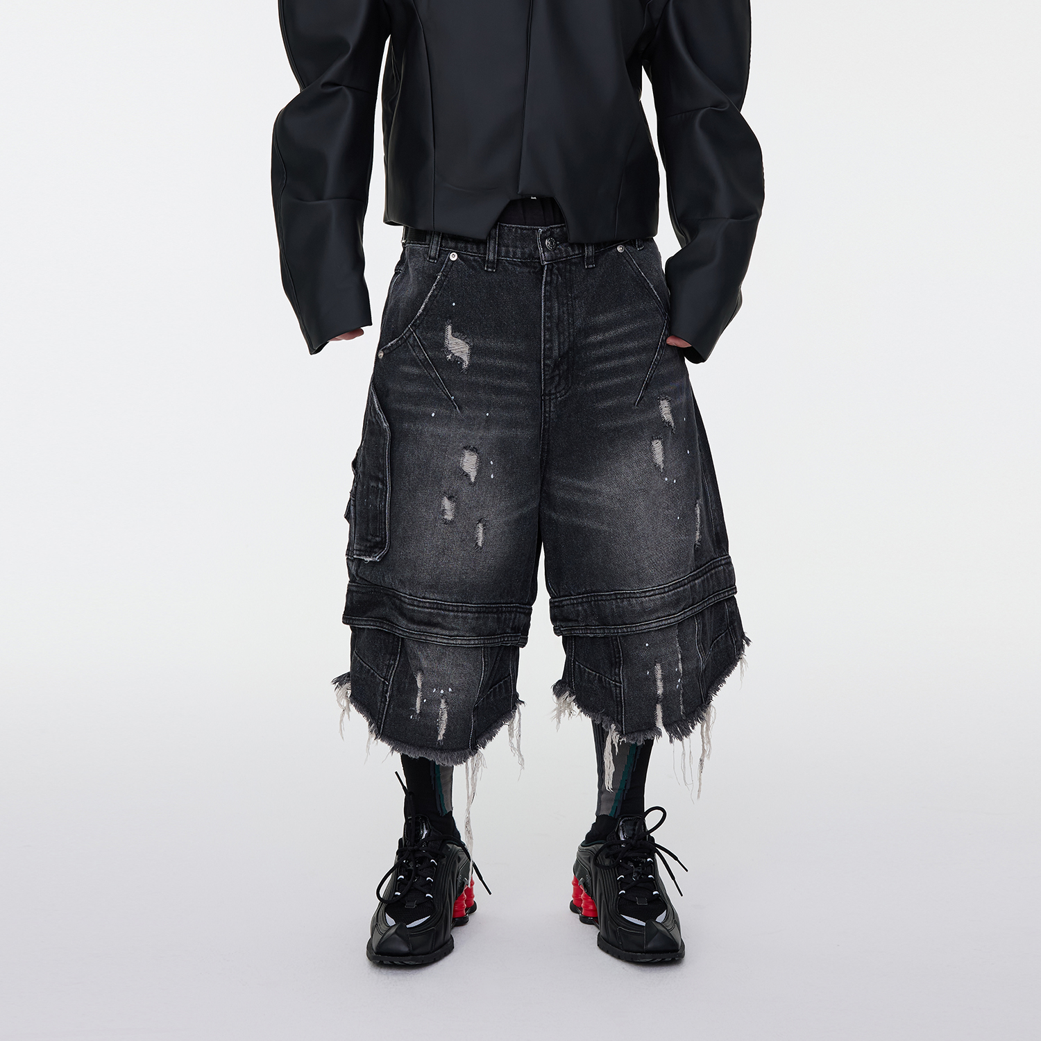 拼接破坏流苏毛边六分牛仔短裤