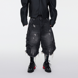 新品 ASTT 25SS 夏季 做旧拼接解构破坏毛边流苏猫须牛仔六分短裤