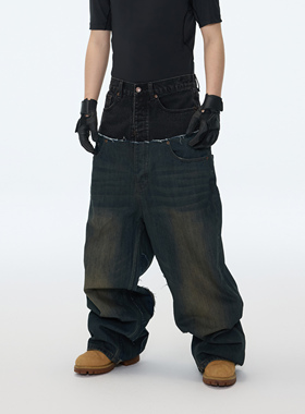ASTT 25AW 双腰拼接破坏做旧Baggy阔腿拖地加长裤低裆牛仔垮裤