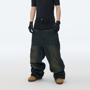 低裆牛仔垮裤 双腰拼接破坏做旧Baggy阔腿拖地加长裤 25AW ASTT