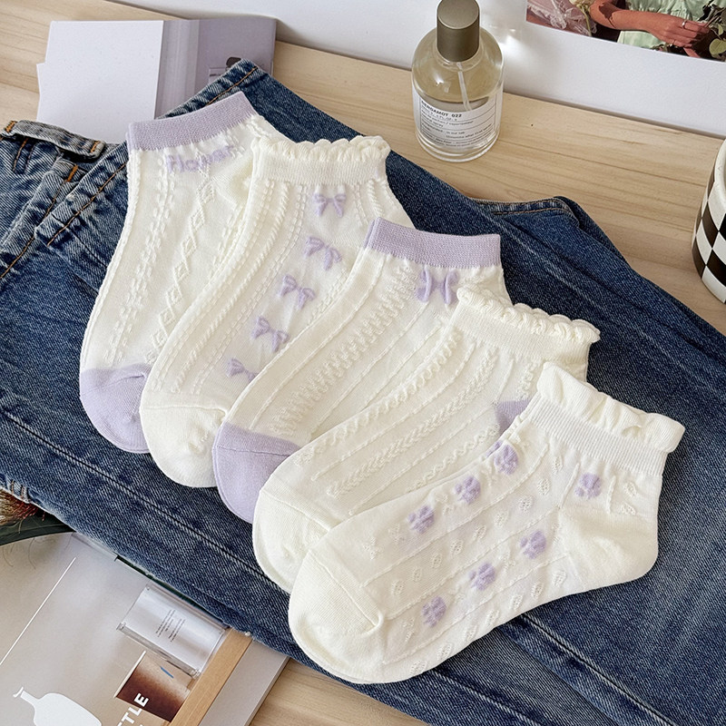 紫色花边袜子女短袜浅口ins潮春夏薄款韩版可爱日系甜美森系船袜