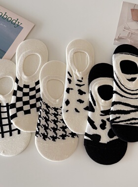 日系白色袜子女短袜浅口春夏季薄款条纹格子黑白豹纹奶牛隐形船袜