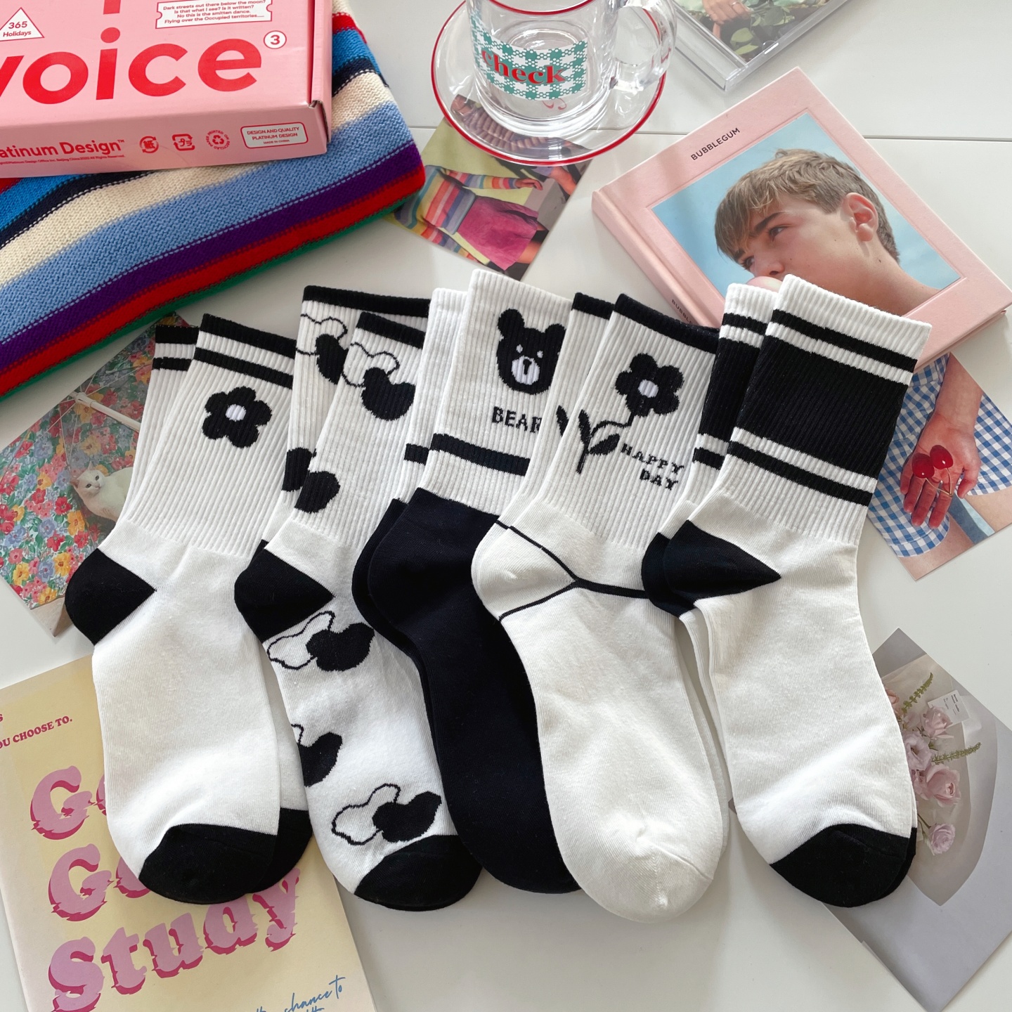 黑白小熊中筒袜秋冬韩版日系卡通