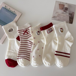 凯蒂猫奶白色网眼袜子女中筒袜春夏薄款 甜美可爱卡通长袜 透气韩版