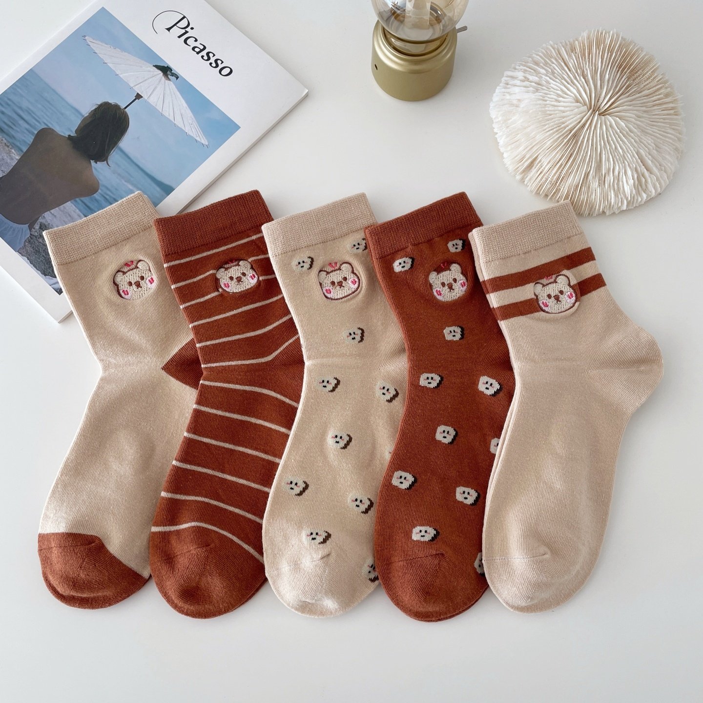 美拉德焦糖咖色小熊刺绣袜子女中筒袜ins潮春夏韩版可爱卡通长袜