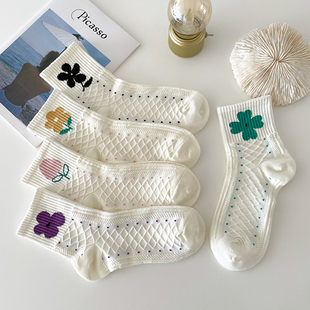 奶白色小花朵中筒袜子女春秋纯棉透气可爱日系清新甜美少女长筒袜