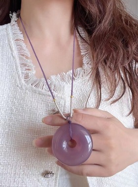 女款大号紫罗兰玛瑙玉髓平安扣毛衣链项链吊坠挂件颈饰玉佩挂坠