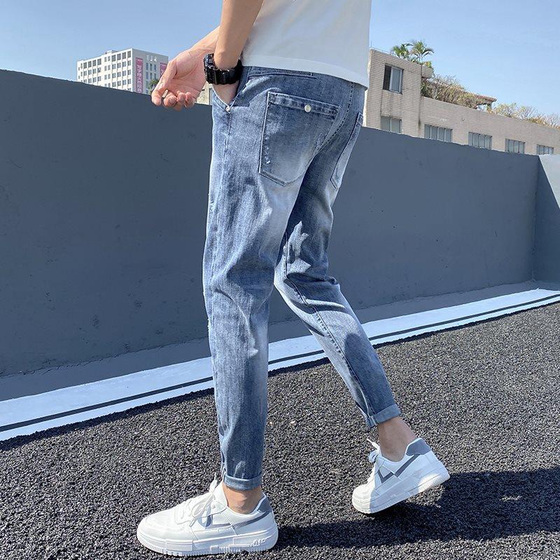 春季九分牛仔裤男士修身
