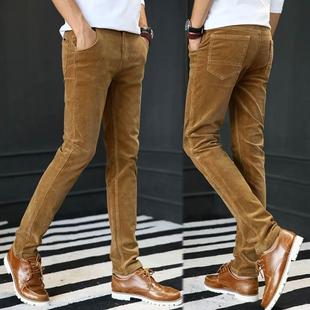 秋季灯芯绒男裤弹力修身直筒条绒裤子男秋冬款纯棉平绒男士休闲裤