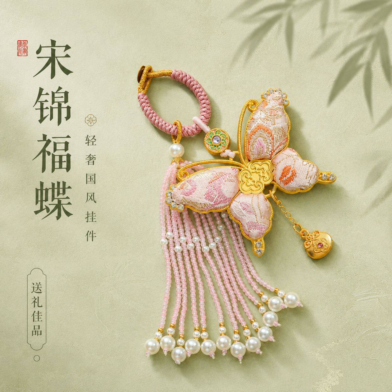 宋锦蝴蝶手工编织珍珠流苏钥匙扣图片