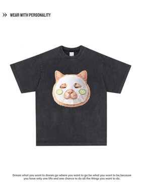 美式复古水洗做旧小猫面膜直喷印花T恤男女oversize落肩情侣短袖
