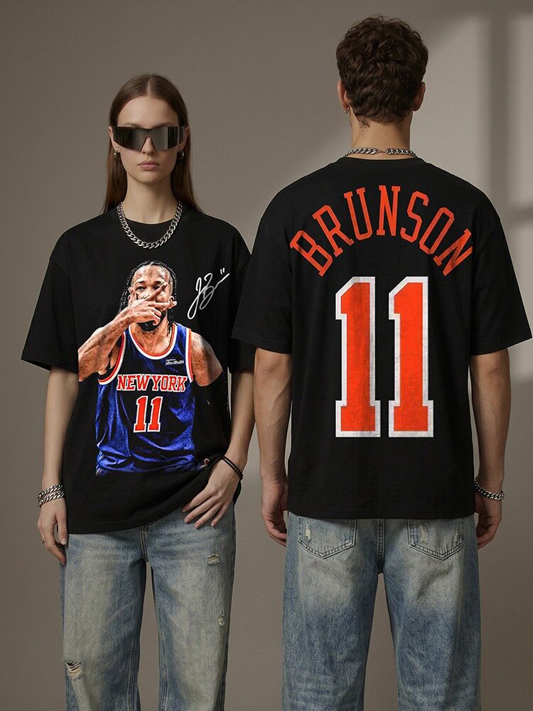 布伦森Jalen Brunson照片印花美式复古宽松纯棉小领口短袖T恤男女