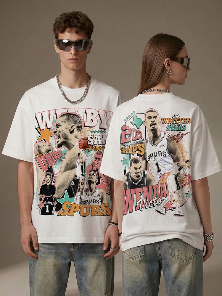 马刺文班亚马Wemby数码直喷印花vintage宽松纯棉小领口短袖T恤男