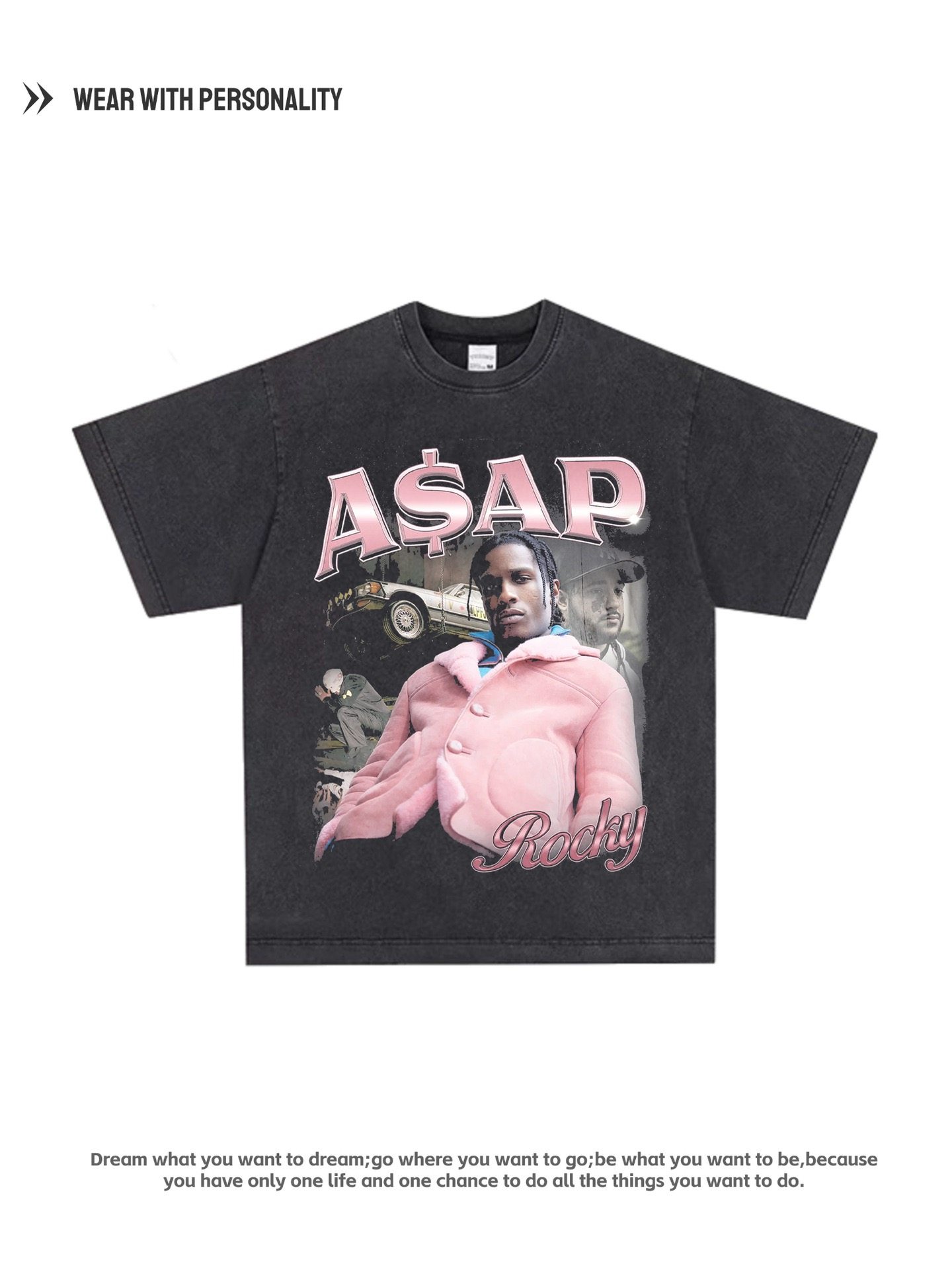 美式说唱歌手A$AP Rocky数码直喷印花短袖T恤男宽松纯棉连帽卫衣