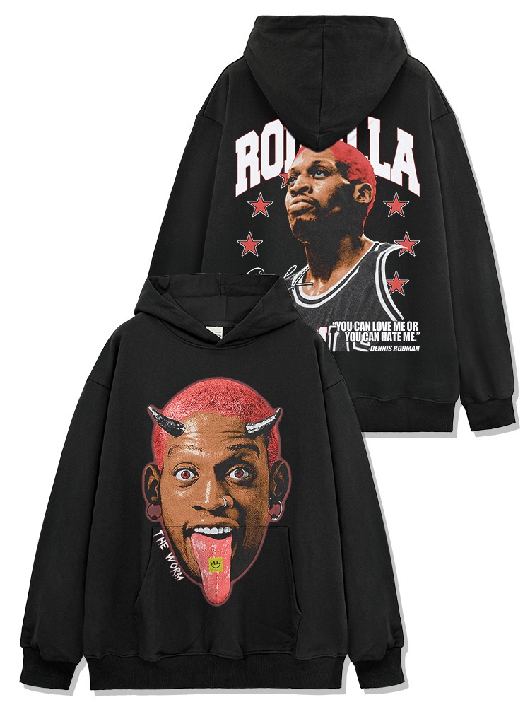 美式复古虫子罗德曼数码印花洗水做旧重磅纯棉oversiz连帽卫衣男