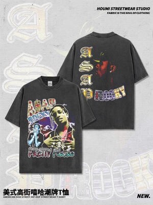 ASAP Rocky双面印花美式街头嘻哈vintage宽松纯棉小领口短袖T恤男