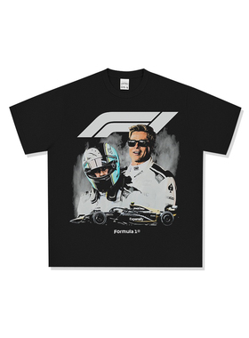 美式复古布拉德·皮特Brad Pitt赛车人物印花做旧宽松纯棉短袖T恤