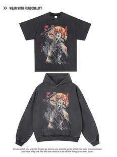 美式复古万圣节惊声尖叫鬼脸面具数码印花水洗做旧重磅连帽卫衣男